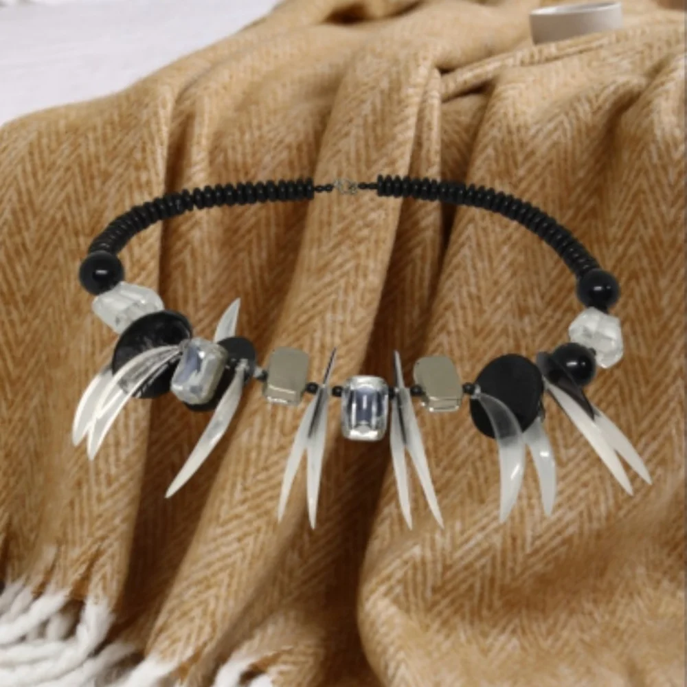 Black Beaded Necklace with Clear Rhinestones and Transparent Claws